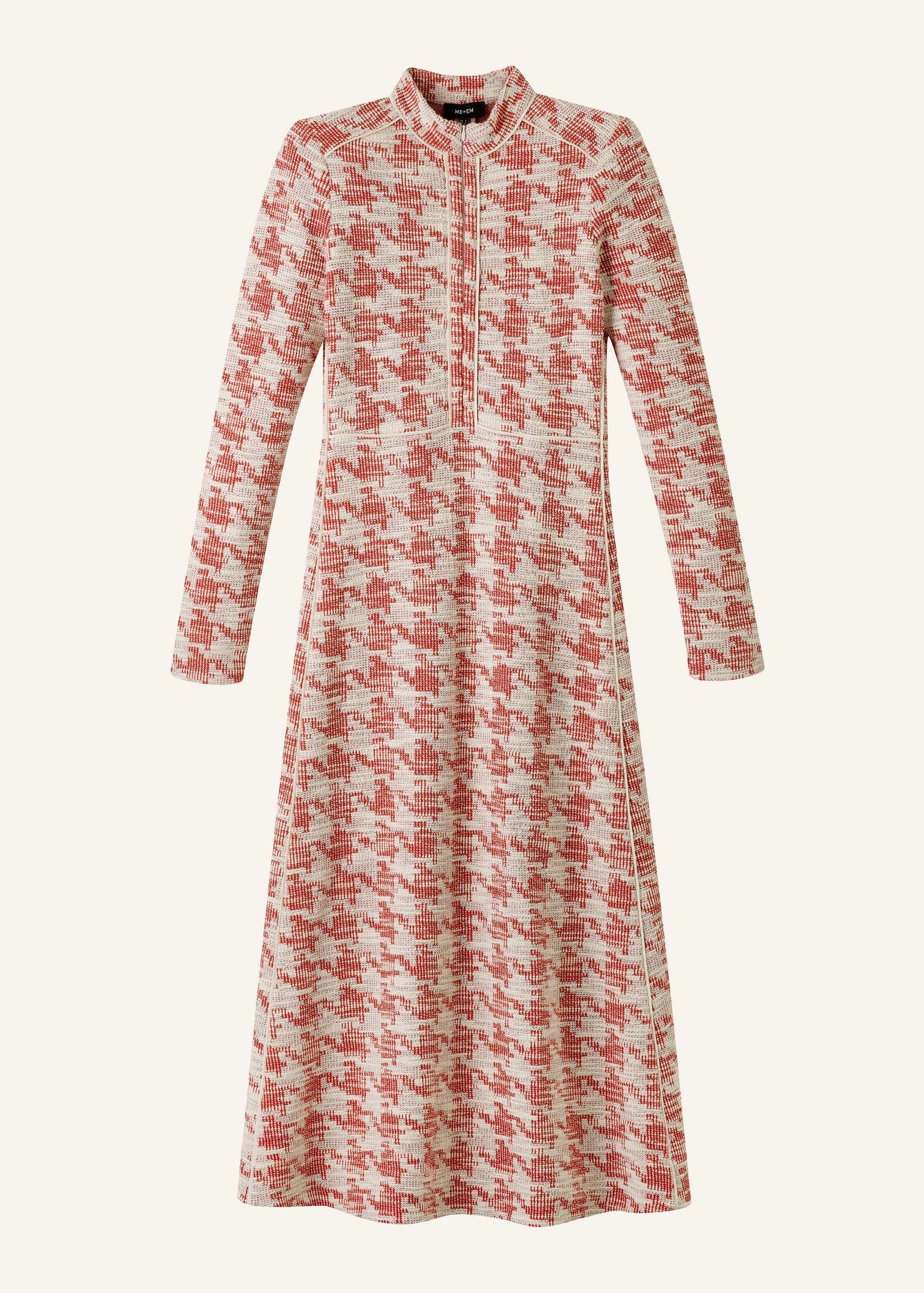 Red Exaggerated Houndstooth Midi Dress