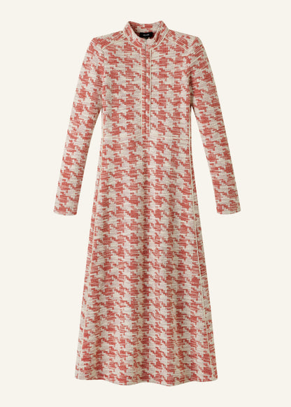 Red Exaggerated Houndstooth Midi Dress