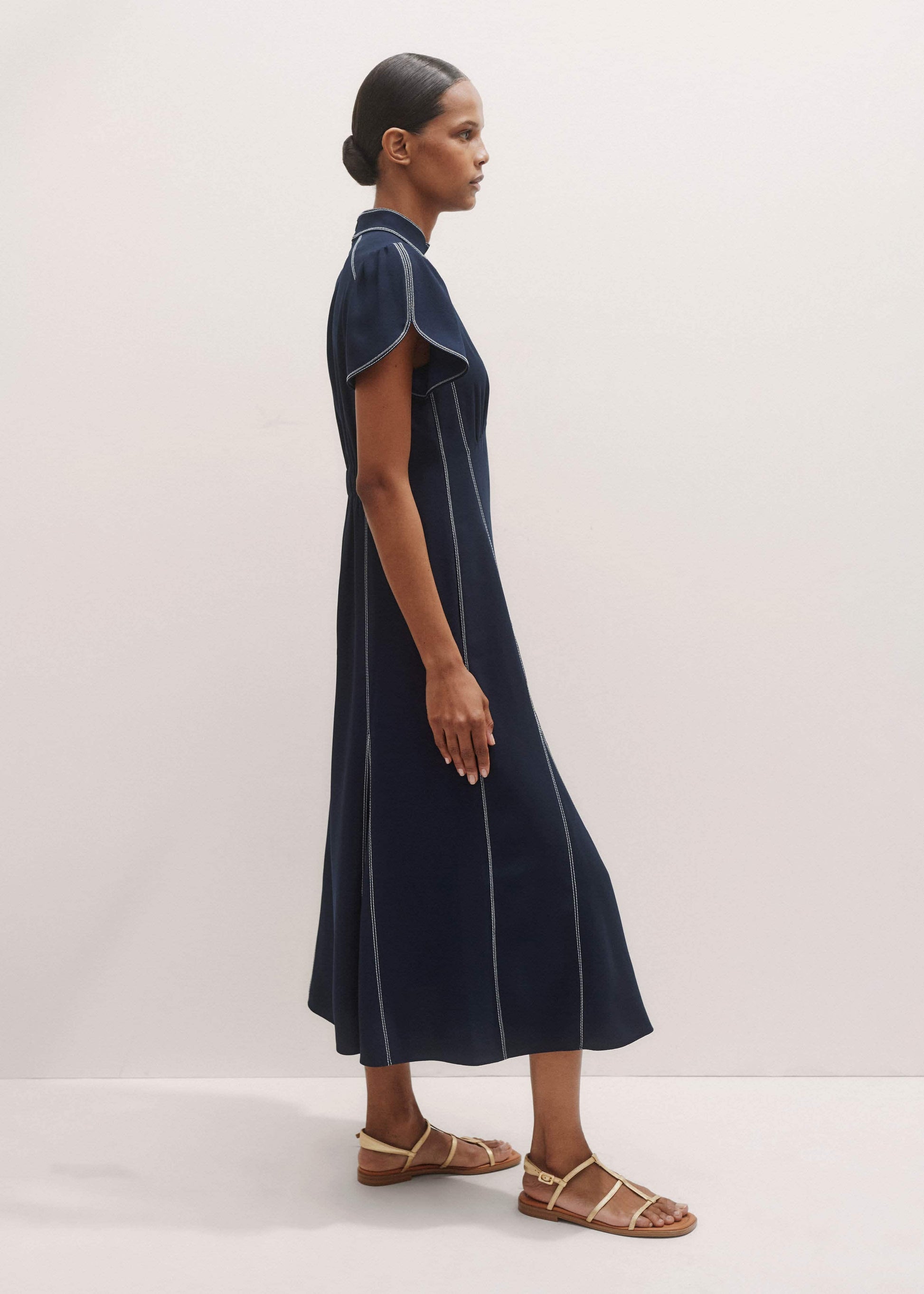 Navy Contrast Stitch Midi Dress