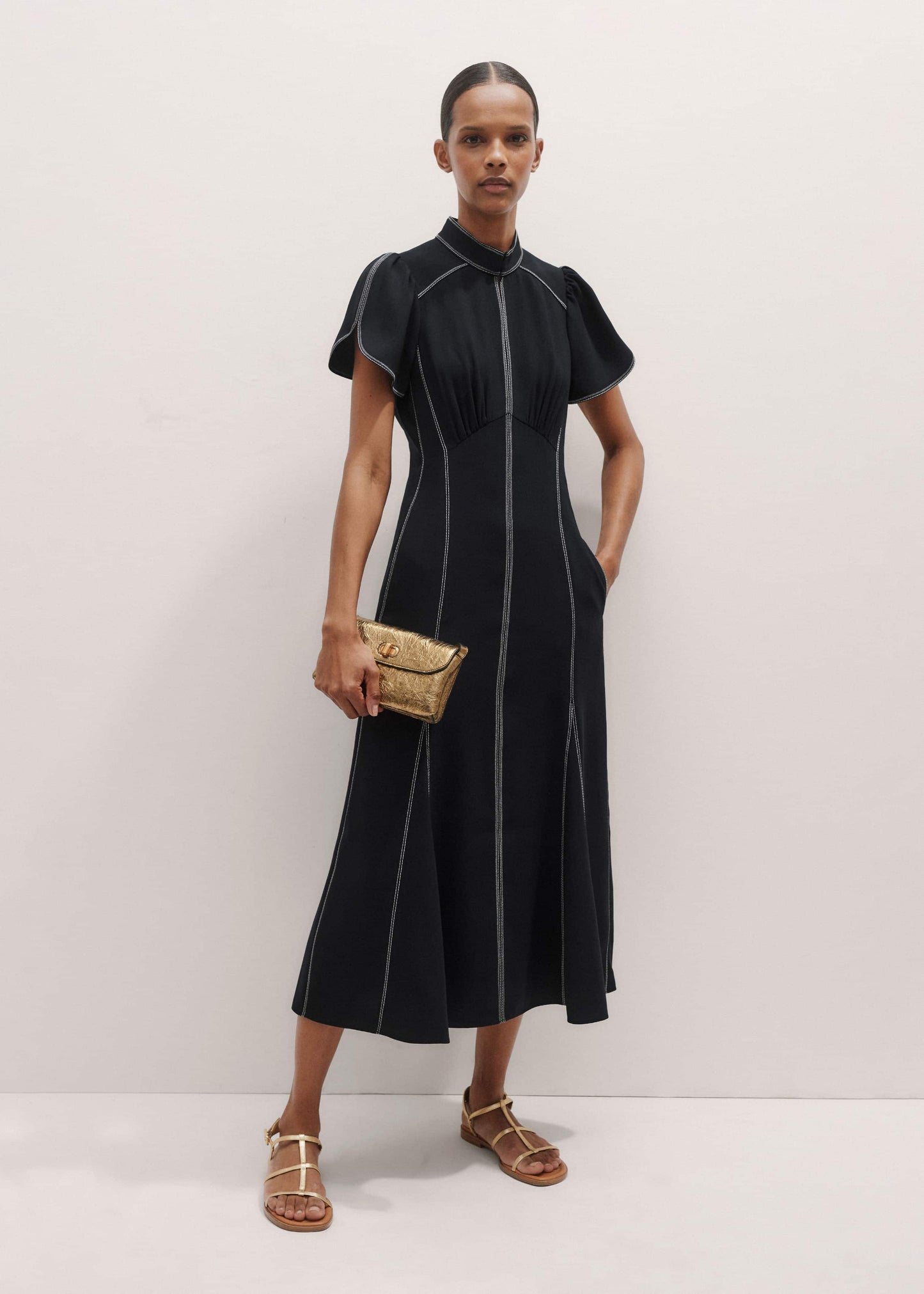 Navy Contrast Stitch Midi Dress