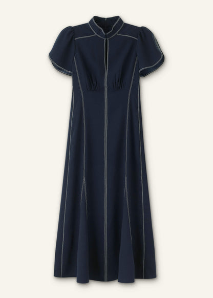 Navy Contrast Stitch Midi Dress