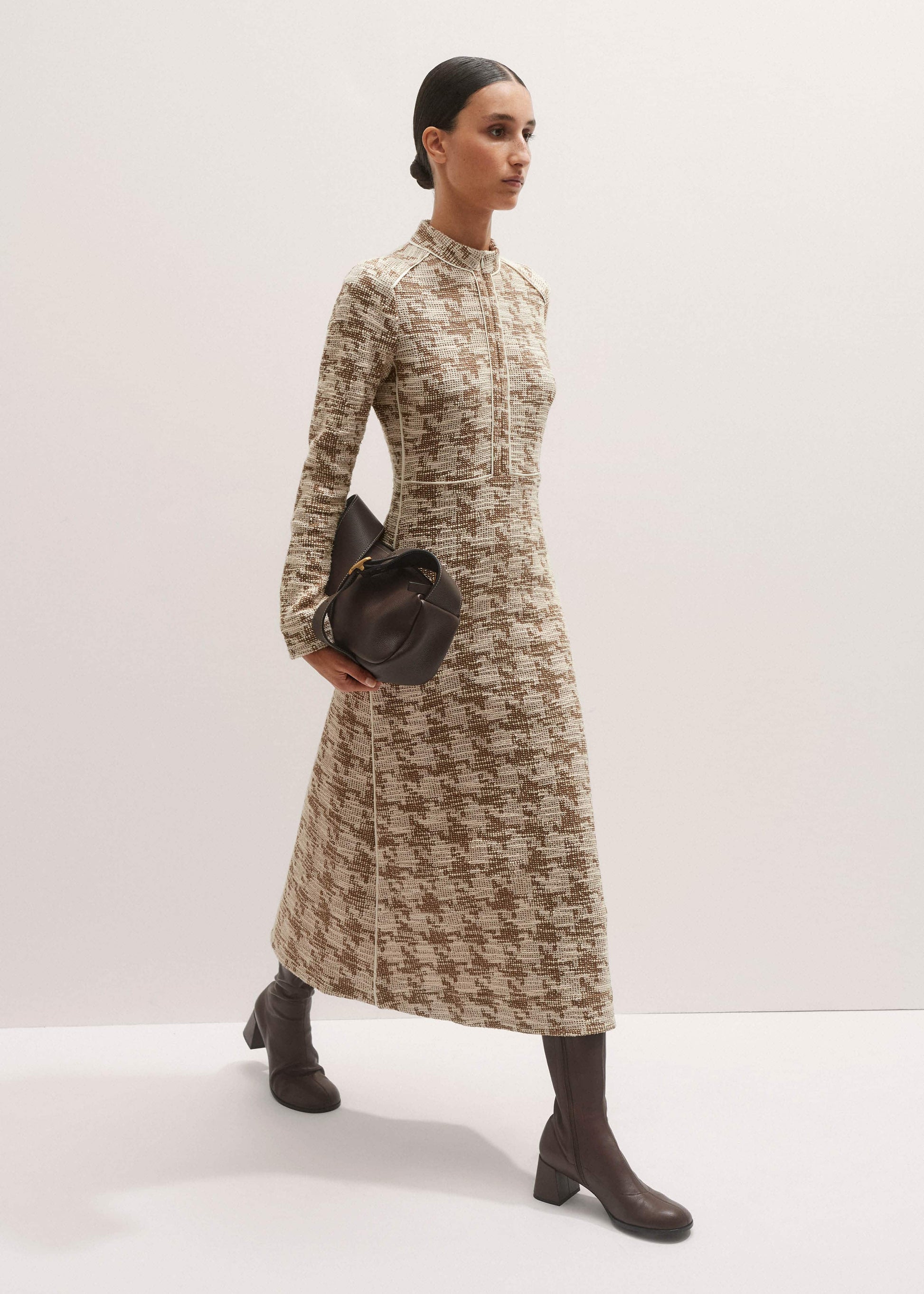 Brown Exaggerated Houndstooth Midi Dress