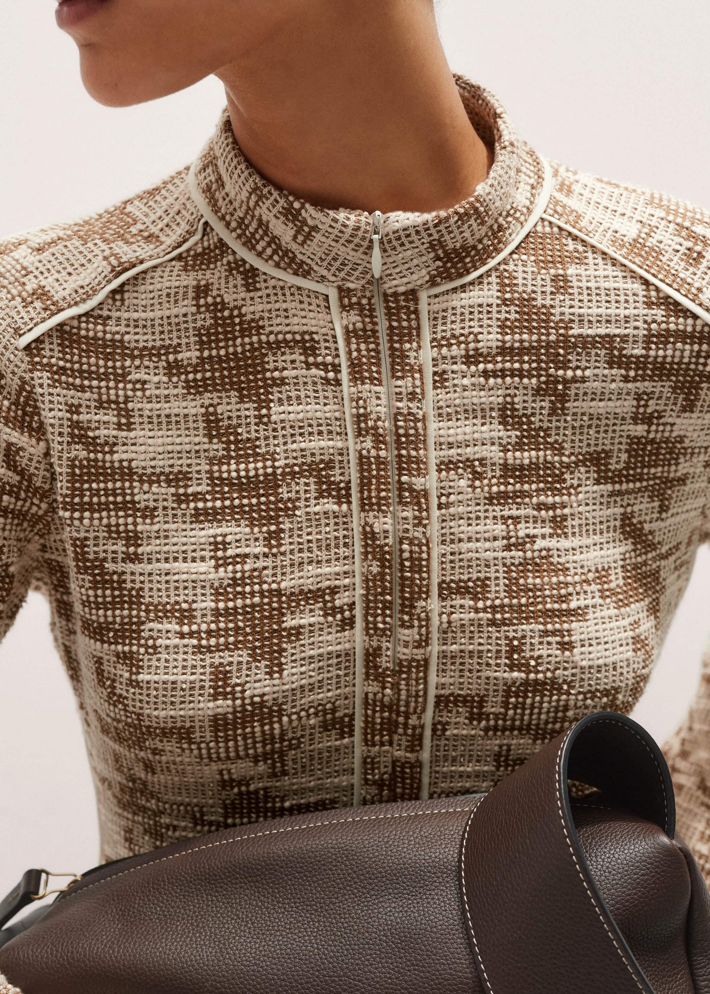 Brown Exaggerated Houndstooth Midi Dress