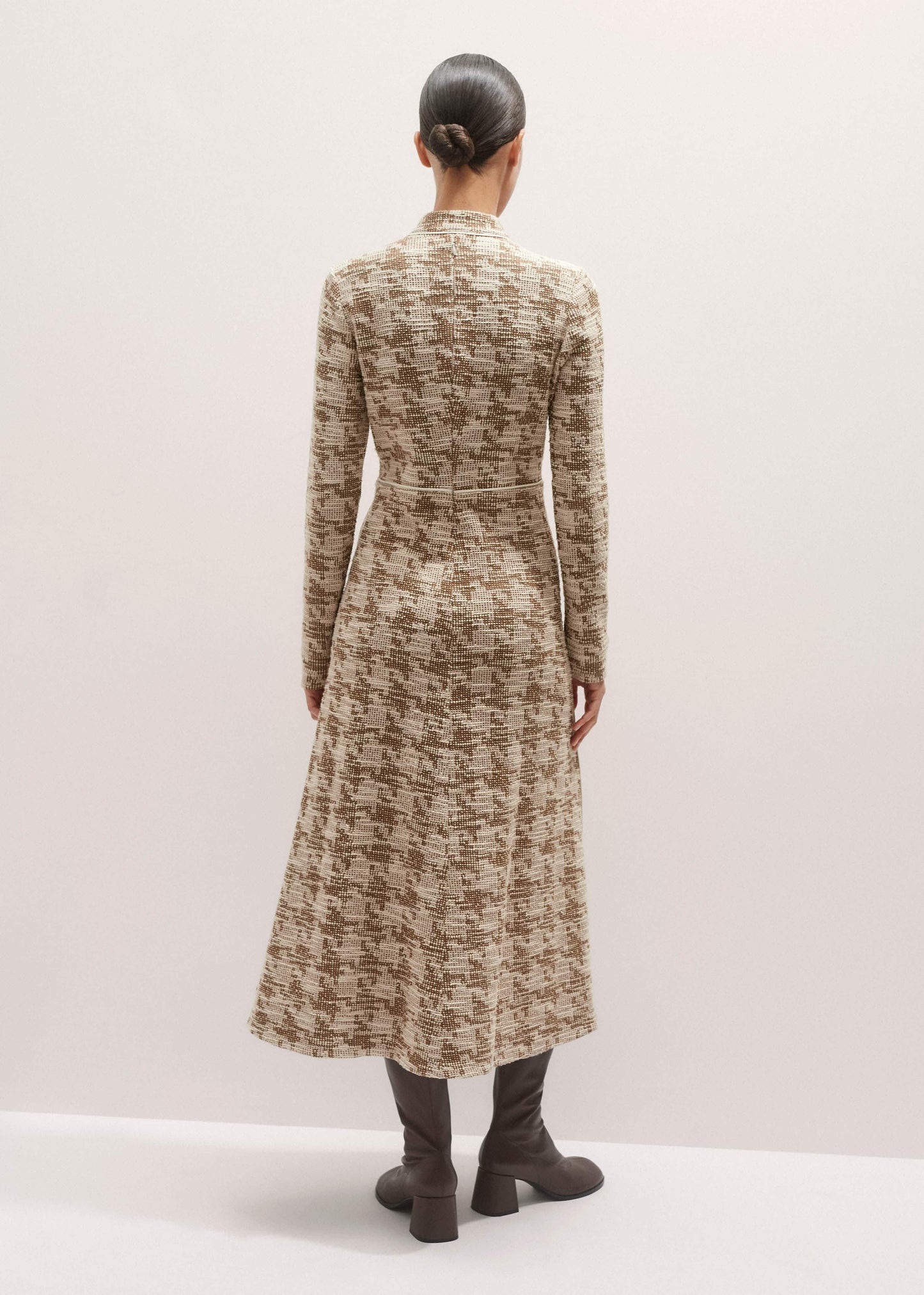 Brown Exaggerated Houndstooth Midi Dress
