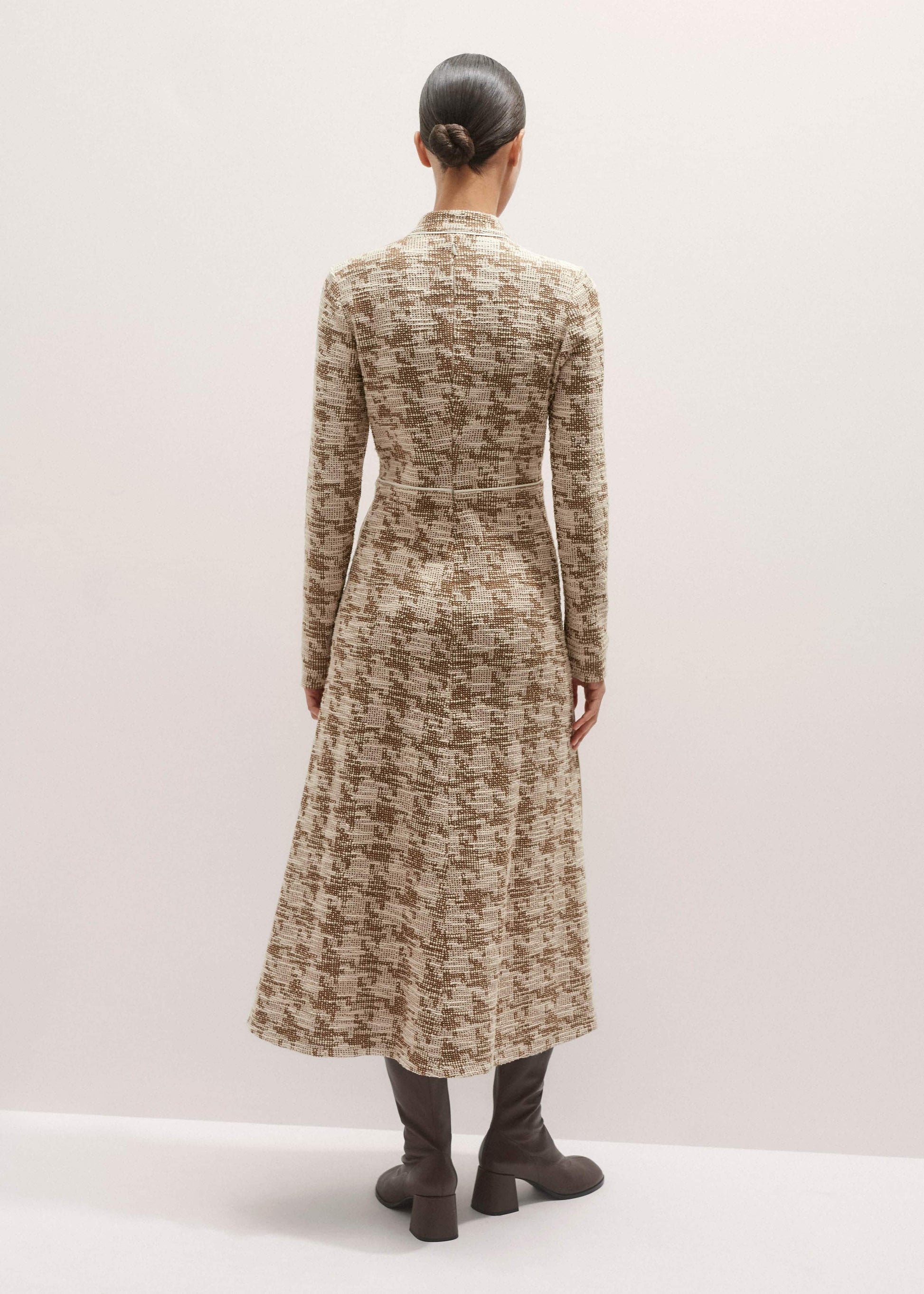 Brown Exaggerated Houndstooth Midi Dress