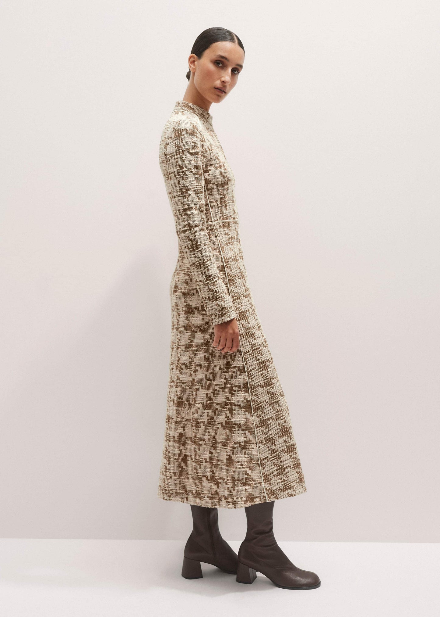 Brown Exaggerated Houndstooth Midi Dress