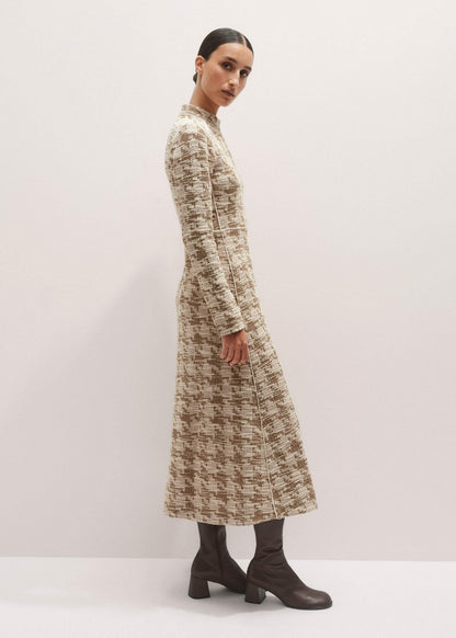 Brown Exaggerated Houndstooth Midi Dress