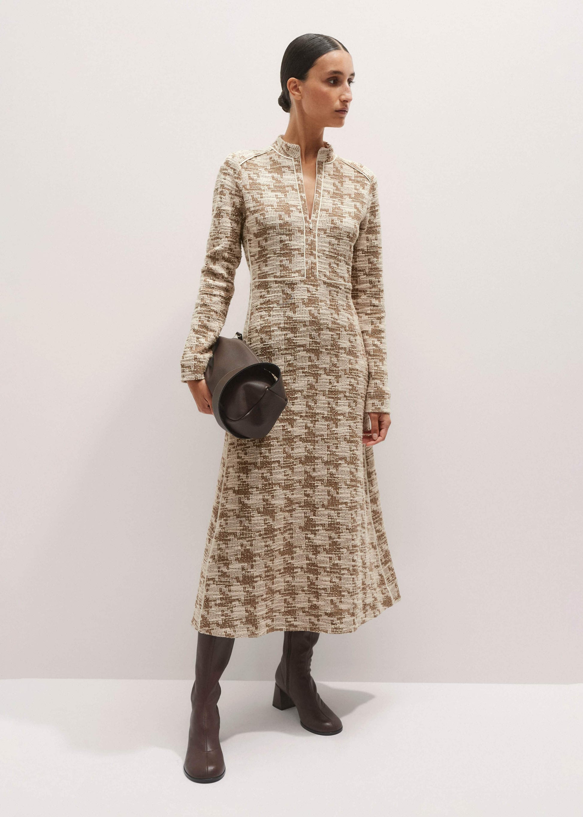 Brown Exaggerated Houndstooth Midi Dress