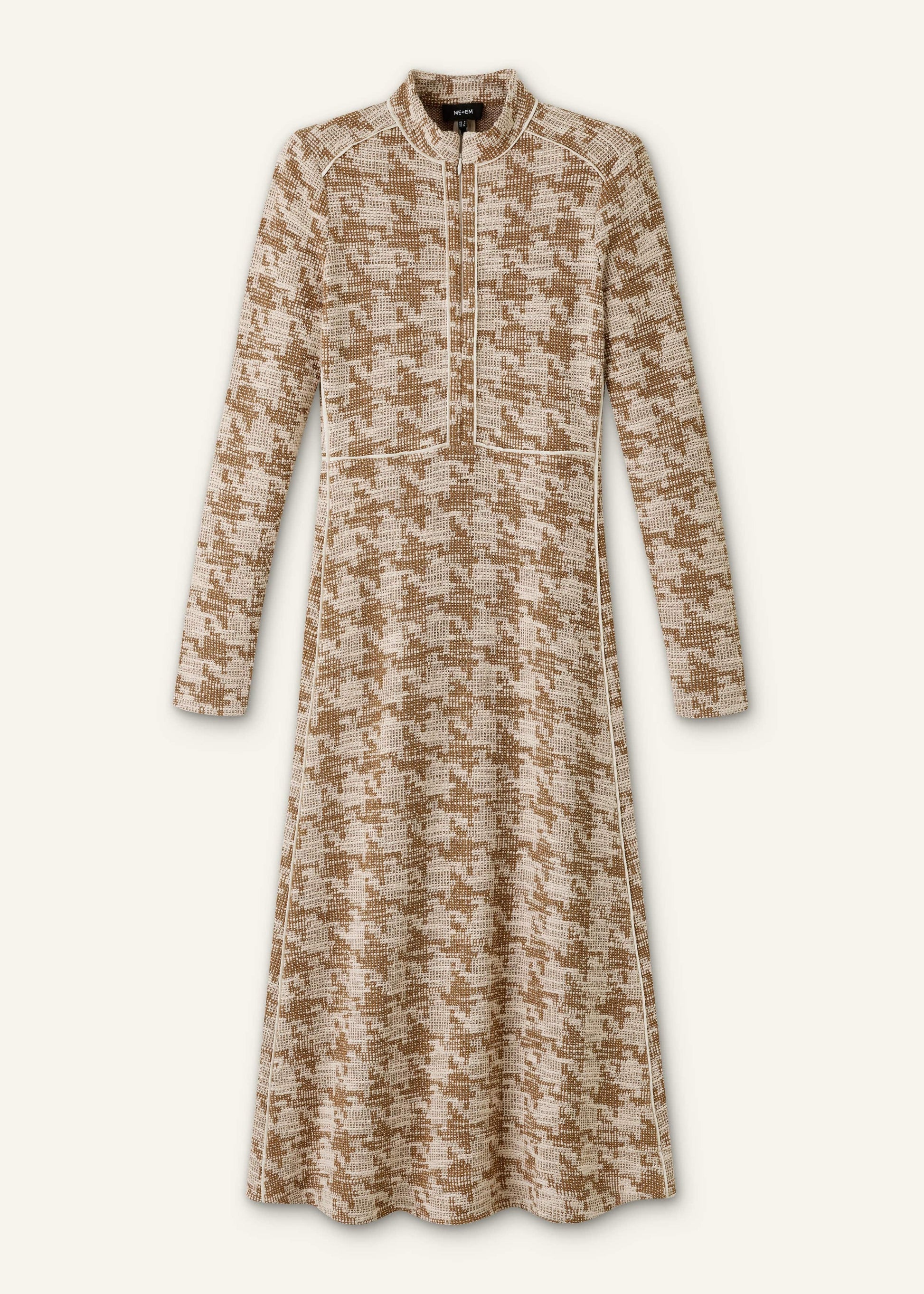 Brown Exaggerated Houndstooth Midi Dress