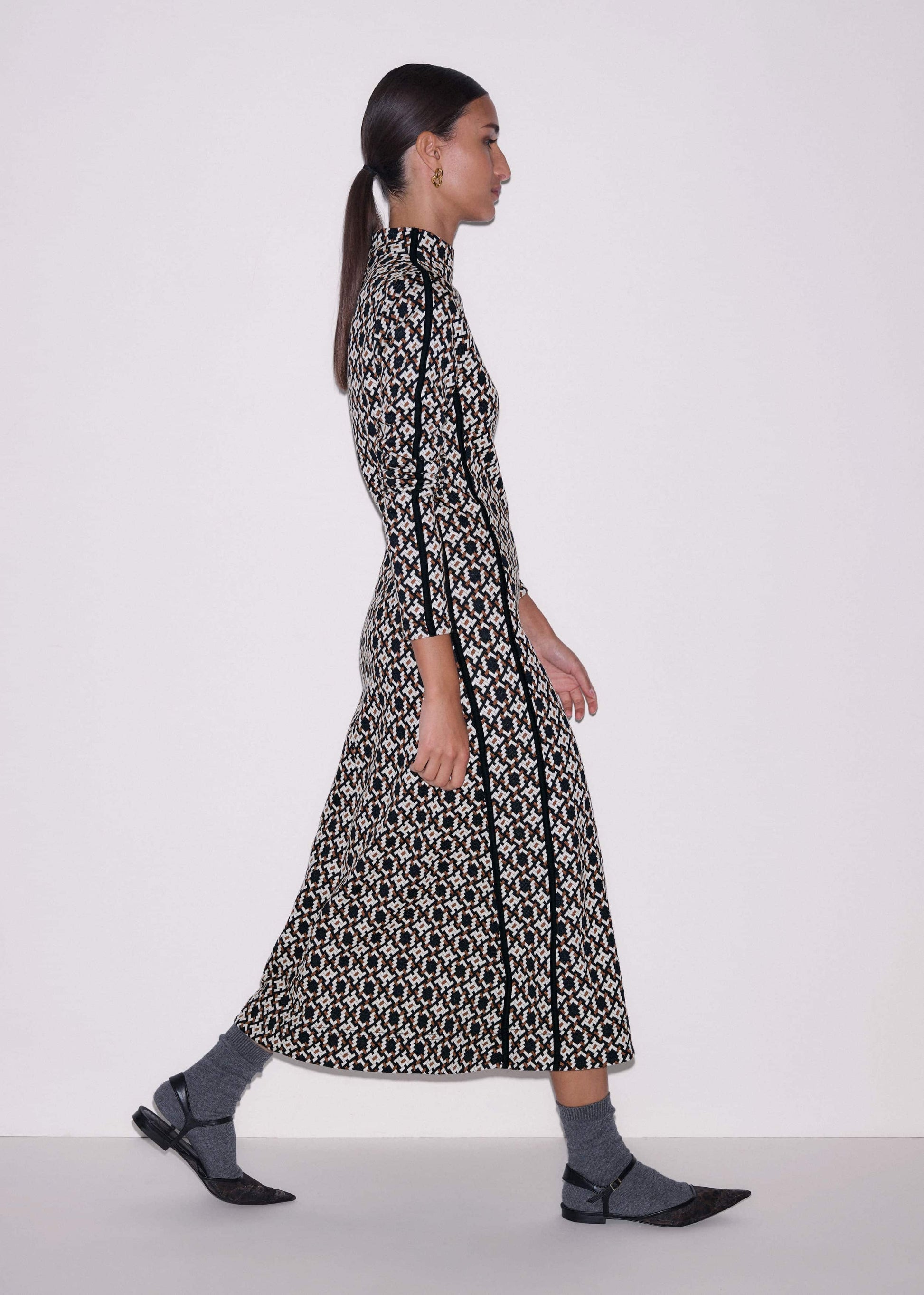 Navy Graphic Jacquard Fit and Flare Midi Dress