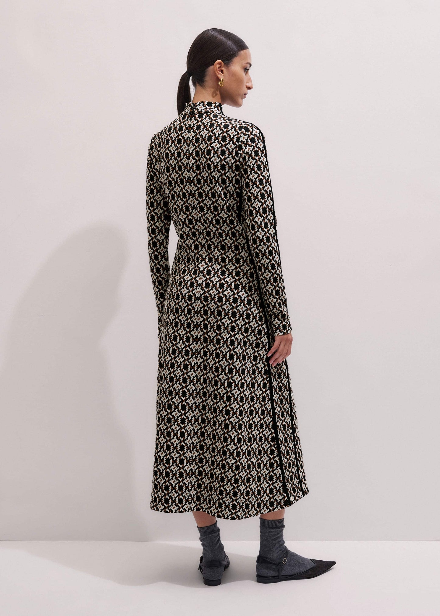 Navy Graphic Jacquard Fit and Flare Midi Dress
