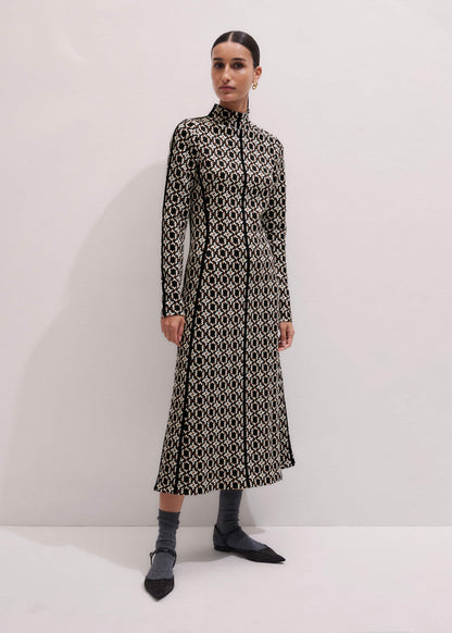 Navy Graphic Jacquard Fit and Flare Midi Dress