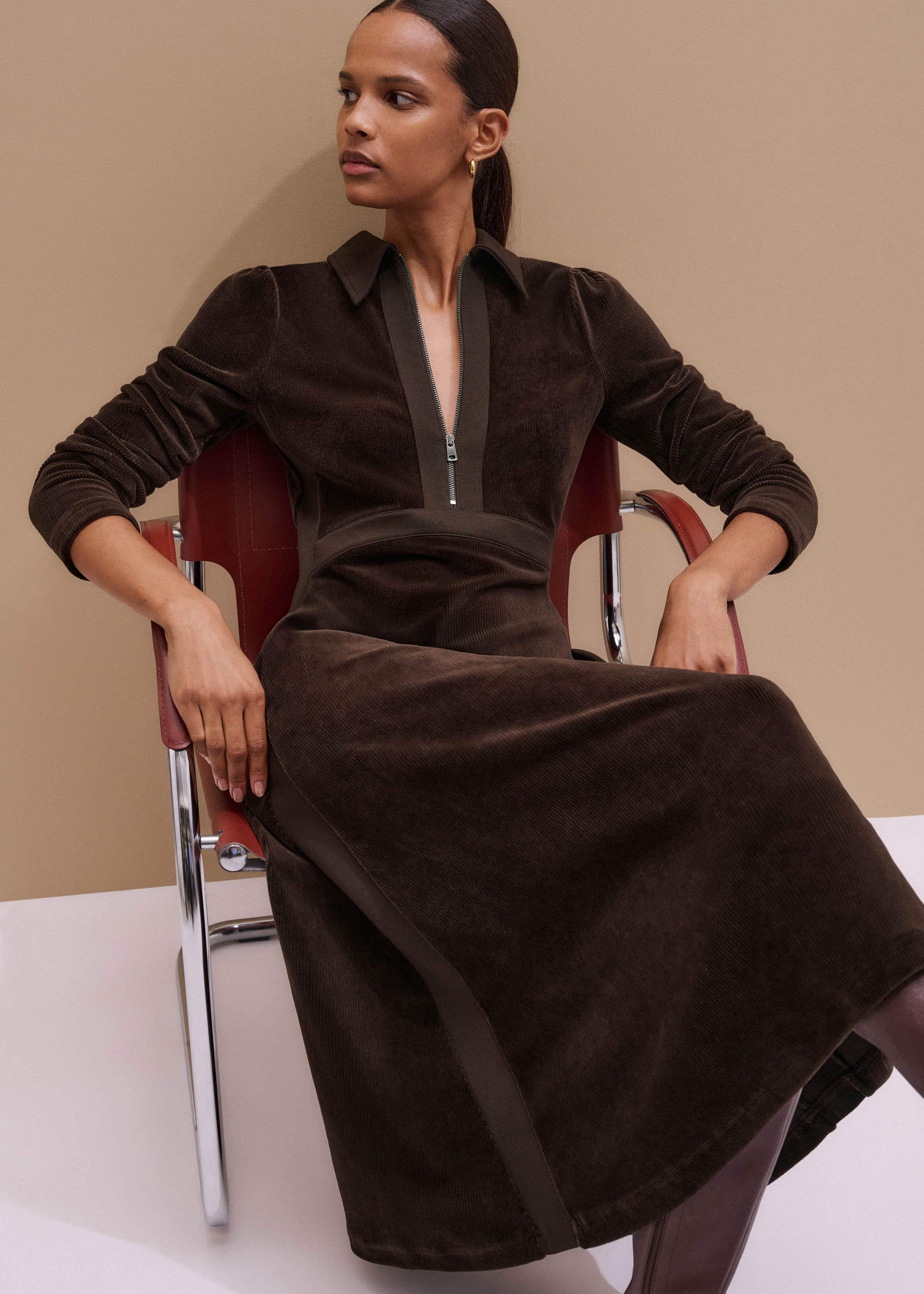 Brown Ponte Collared Cord Velour AM-PM Midi Dress