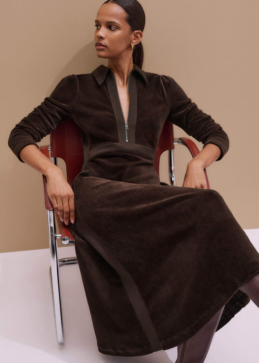 Brown Ponte Collared Cord Velour AM-PM Midi Dress