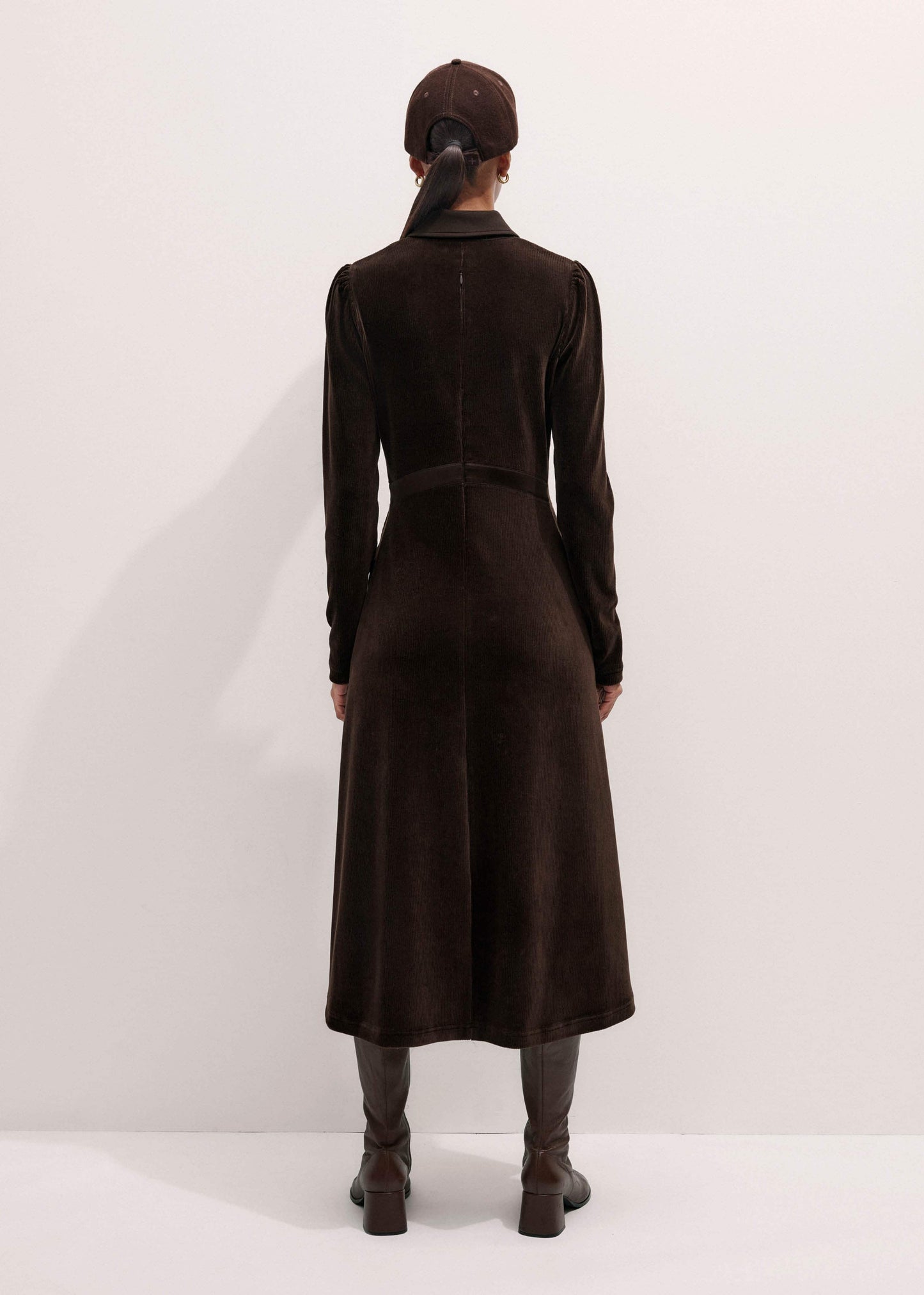 Brown Ponte Collared Cord Velour AM-PM Midi Dress