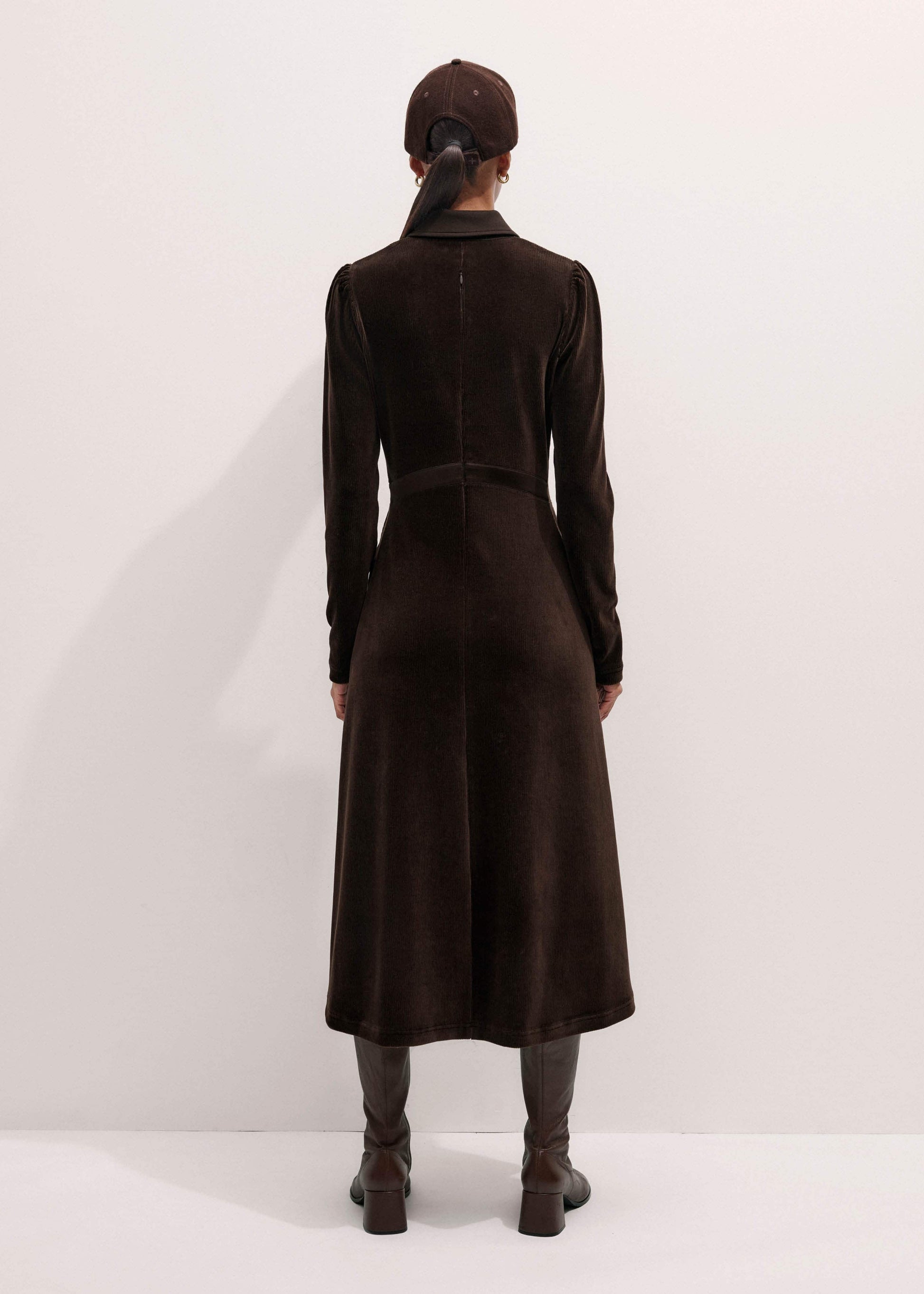 Brown Ponte Collared Cord Velour AM-PM Midi Dress