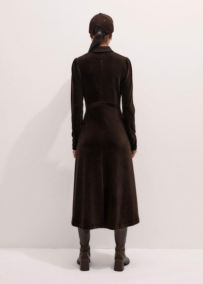 Brown Ponte Collared Cord Velour AM-PM Midi Dress