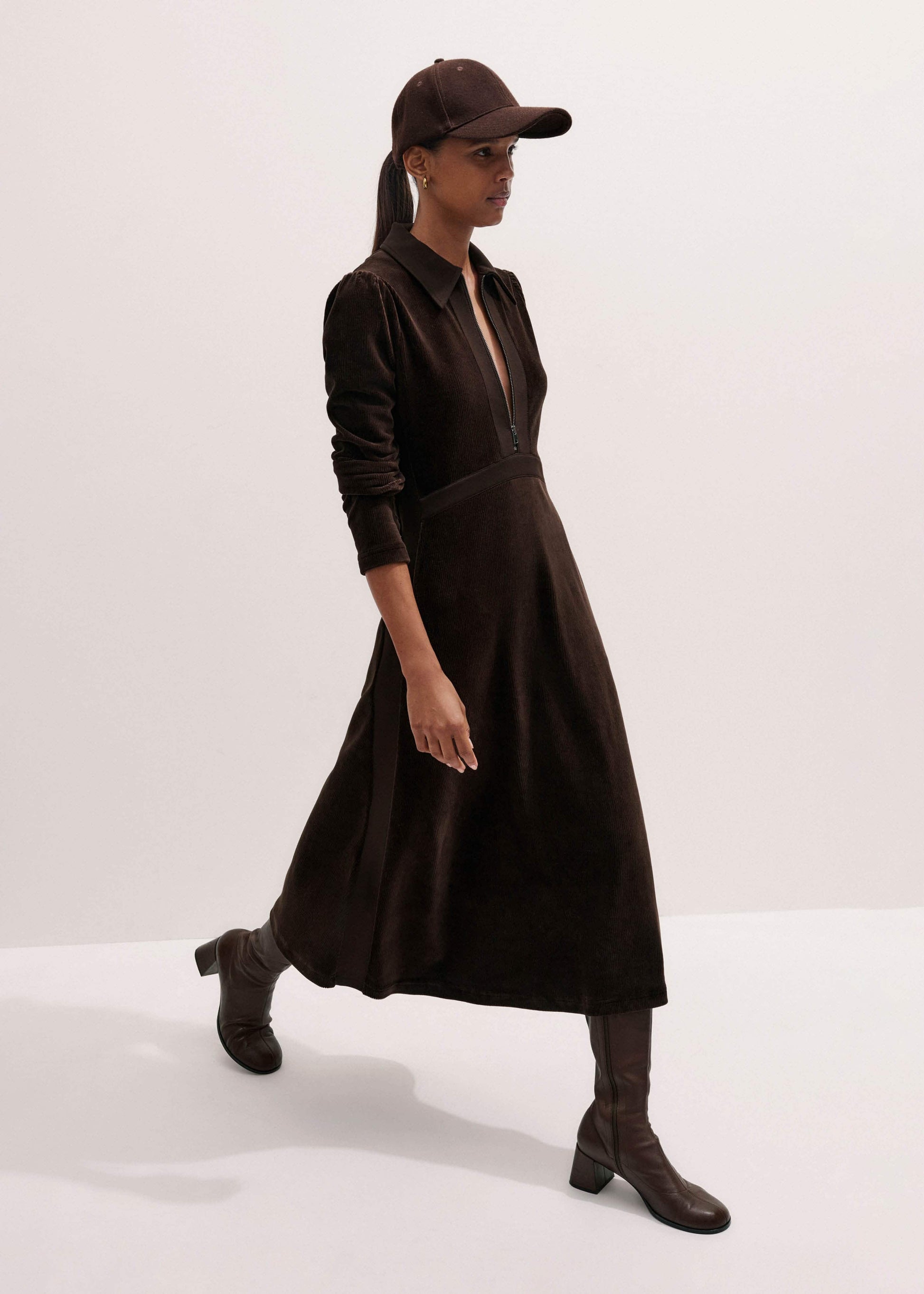Brown Ponte Collared Cord Velour AM-PM Midi Dress