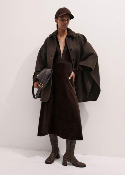 Brown Ponte Collared Cord Velour AM-PM Midi Dress