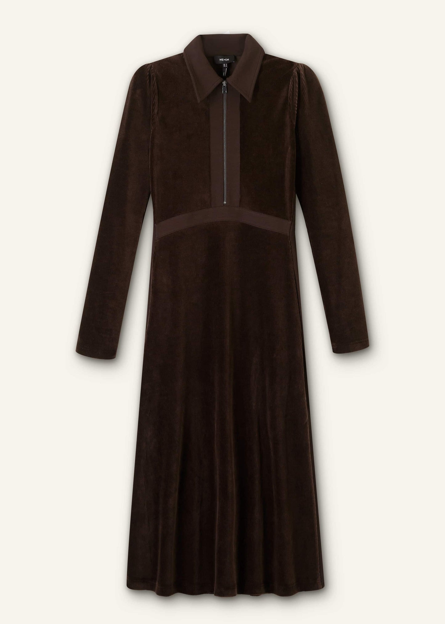 Brown Ponte Collared Cord Velour AM-PM Midi Dress