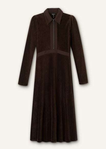 Brown Ponte Collared Cord Velour AM-PM Midi Dress