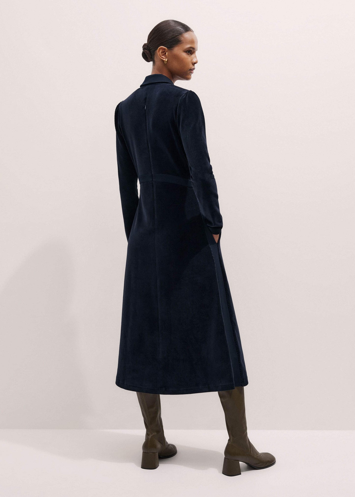 Navy Ponte Collared Cord Velour AM-PM Midi Dress