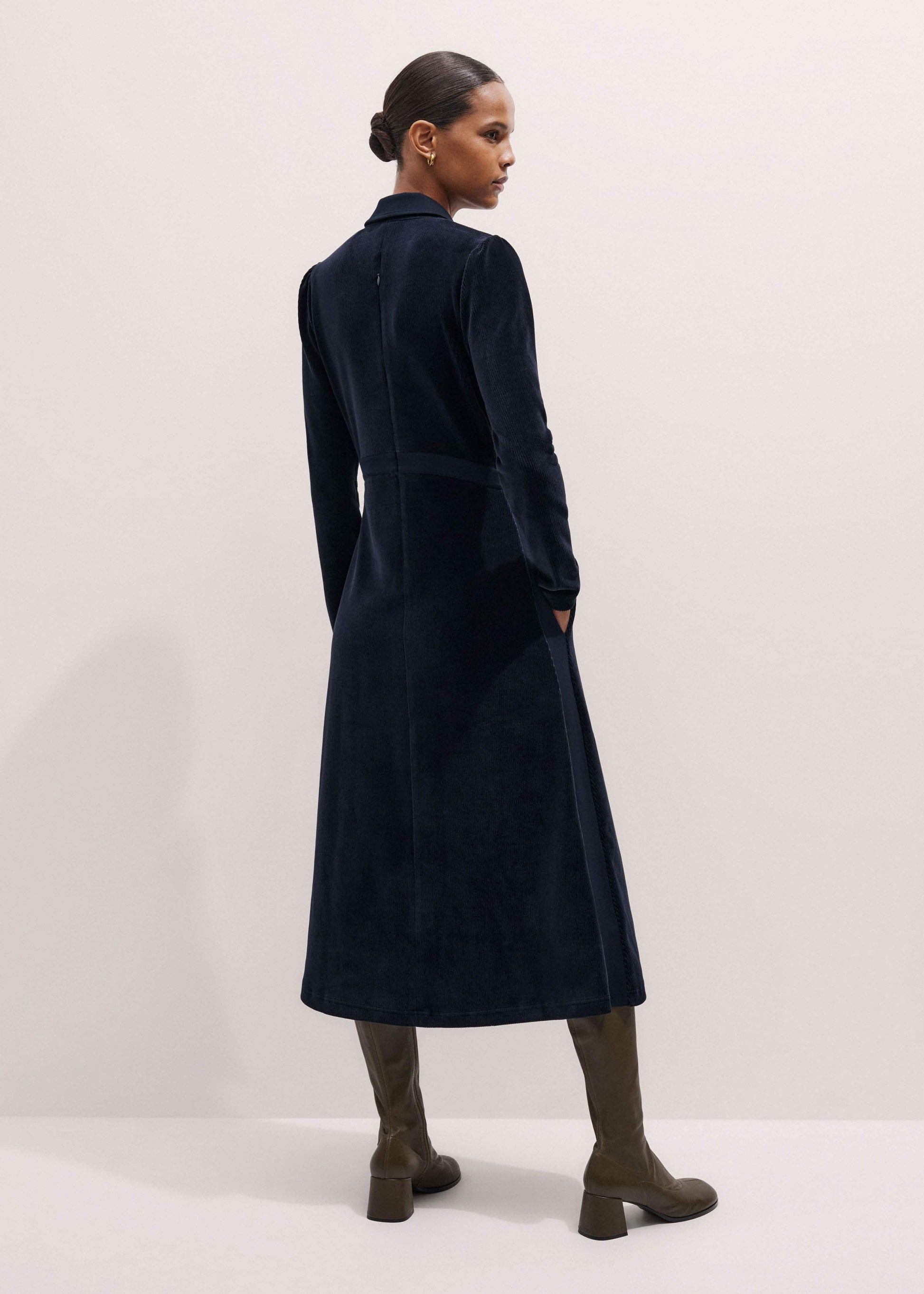 Navy Ponte Collared Cord Velour AM-PM Midi Dress
