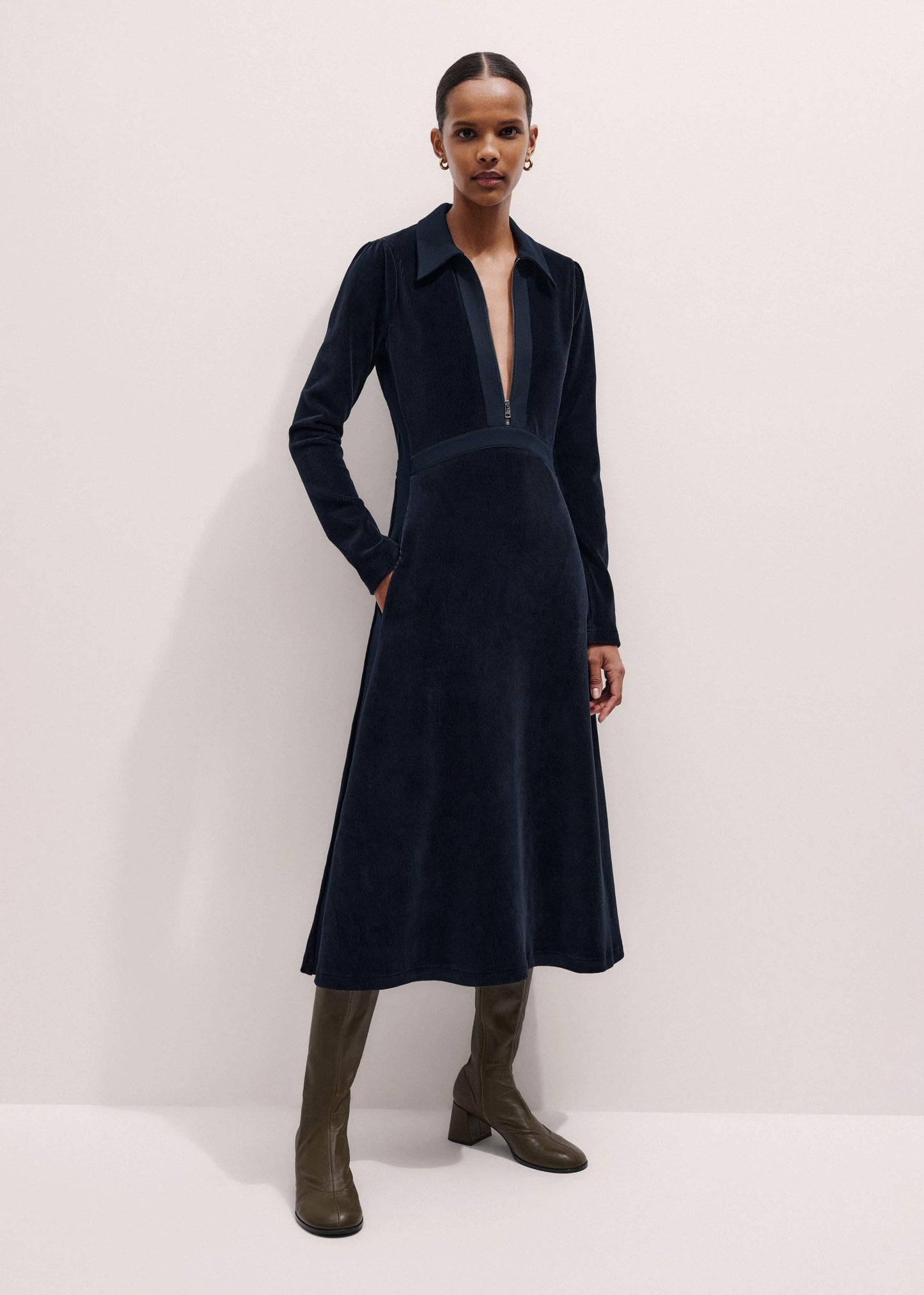 Navy Ponte Collared Cord Velour AM-PM Midi Dress