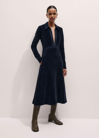 Navy Ponte Collared Cord Velour AM-PM Midi Dress