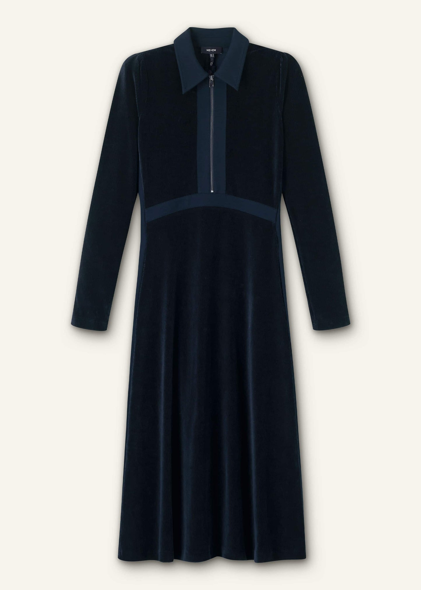 Navy Ponte Collared Cord Velour AM-PM Midi Dress