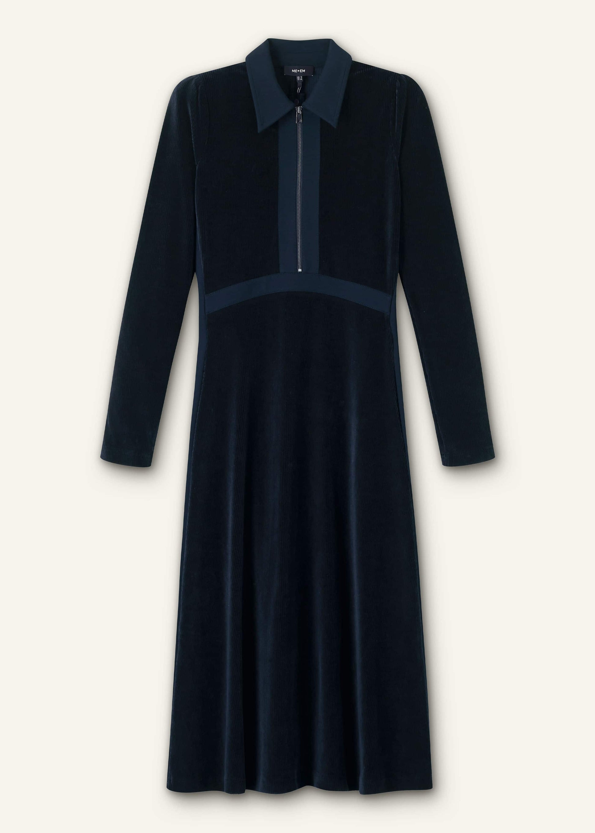 Navy Ponte Collared Cord Velour AM-PM Midi Dress