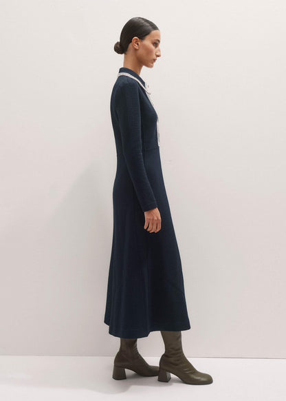 Navy Crochet Trim Fit and Flare Midi Dress