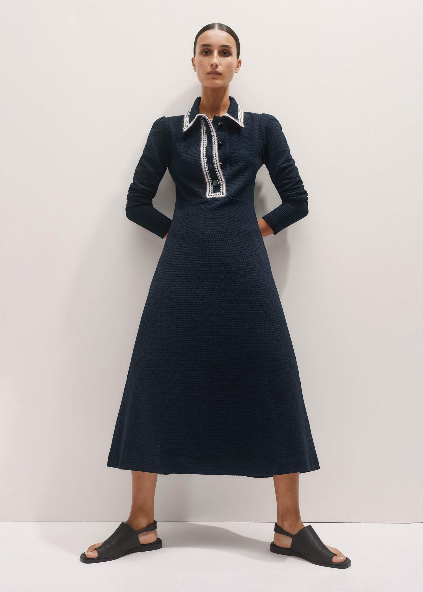 Navy Crochet Trim Fit and Flare Midi Dress