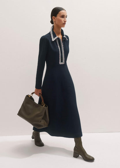 Navy Crochet Trim Fit and Flare Midi Dress
