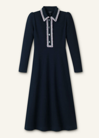 Navy Crochet Trim Fit and Flare Midi Dress