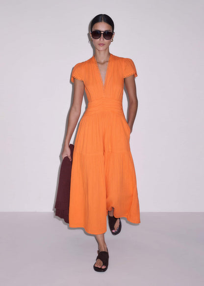 Orange Cheesecloth Fit + Flare Maxi Dress