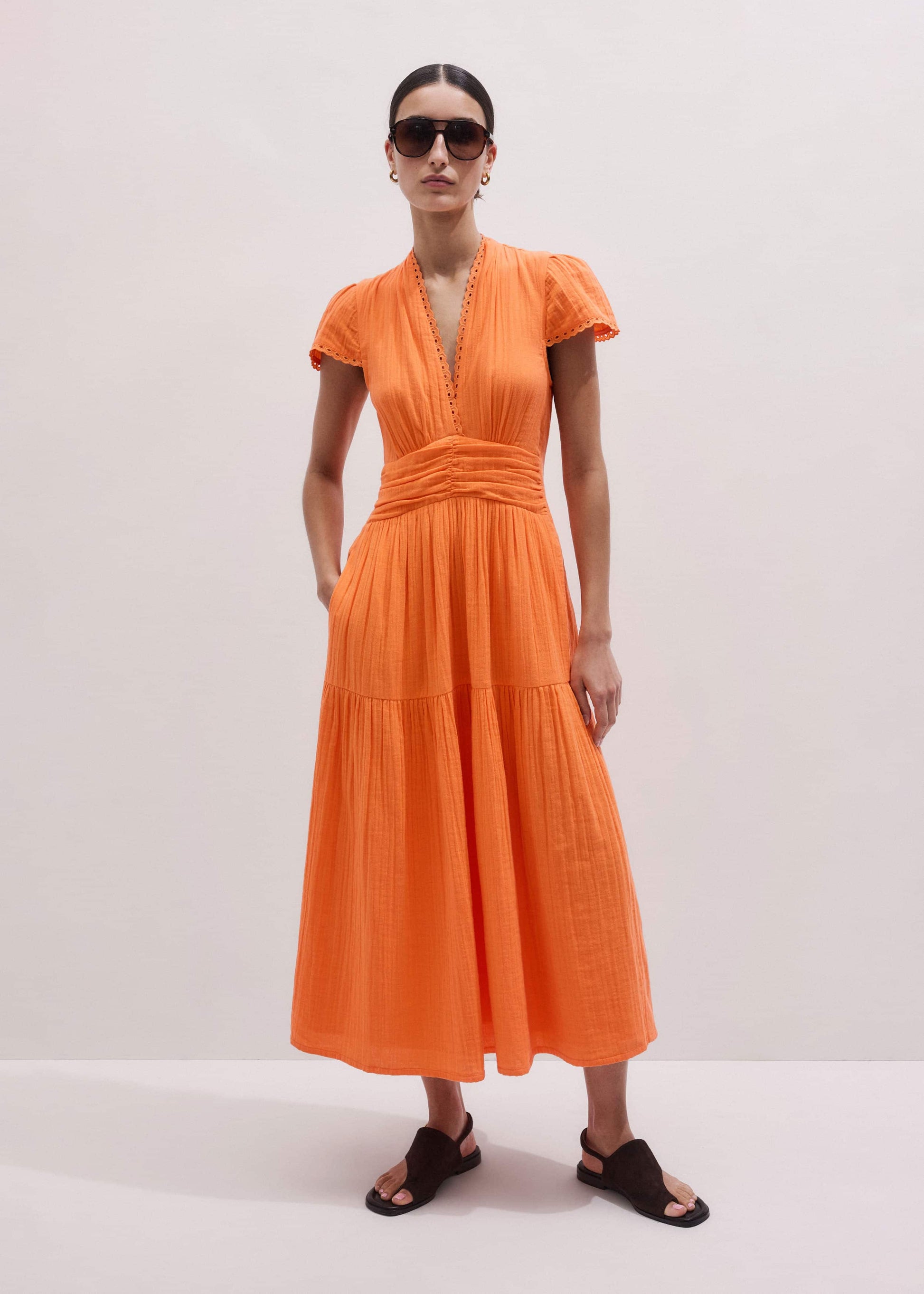 Orange Cheesecloth Fit + Flare Maxi Dress