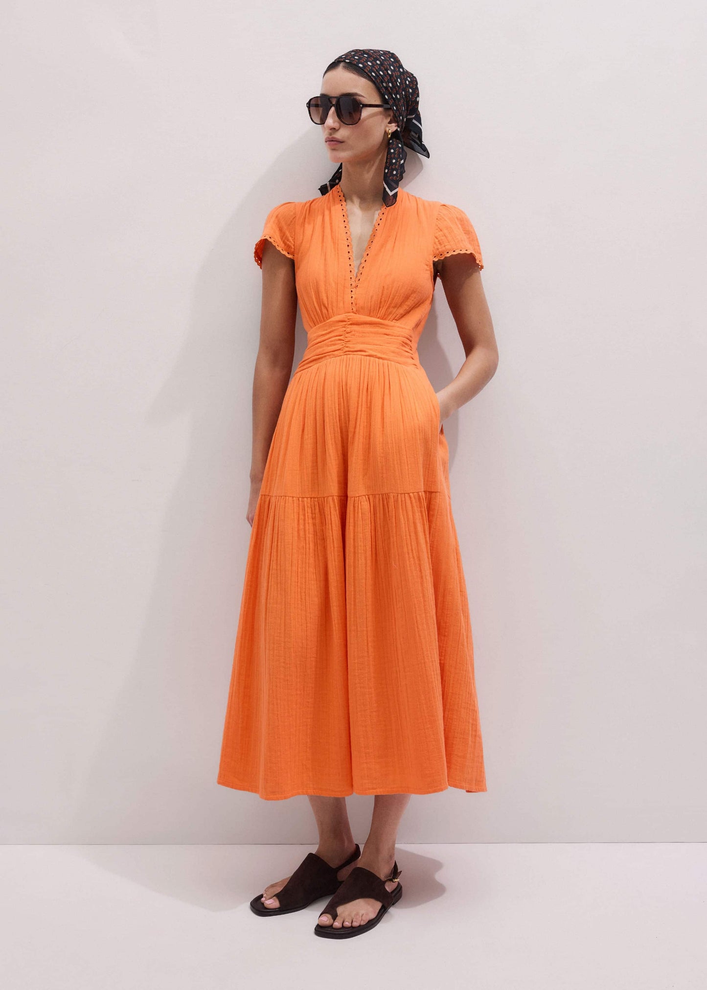 Orange Cheesecloth Fit + Flare Maxi Dress