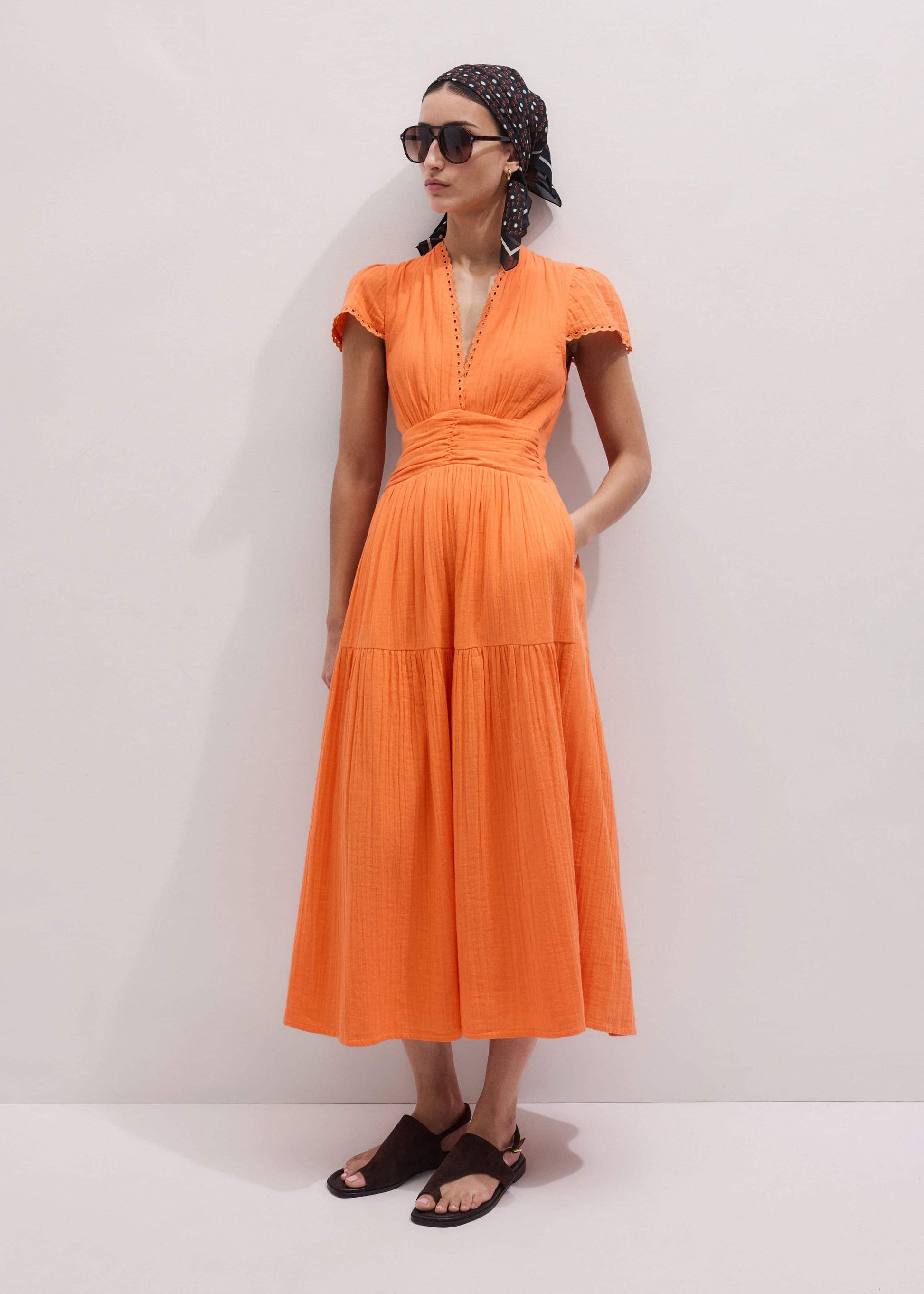 Orange Cheesecloth Fit + Flare Maxi Dress