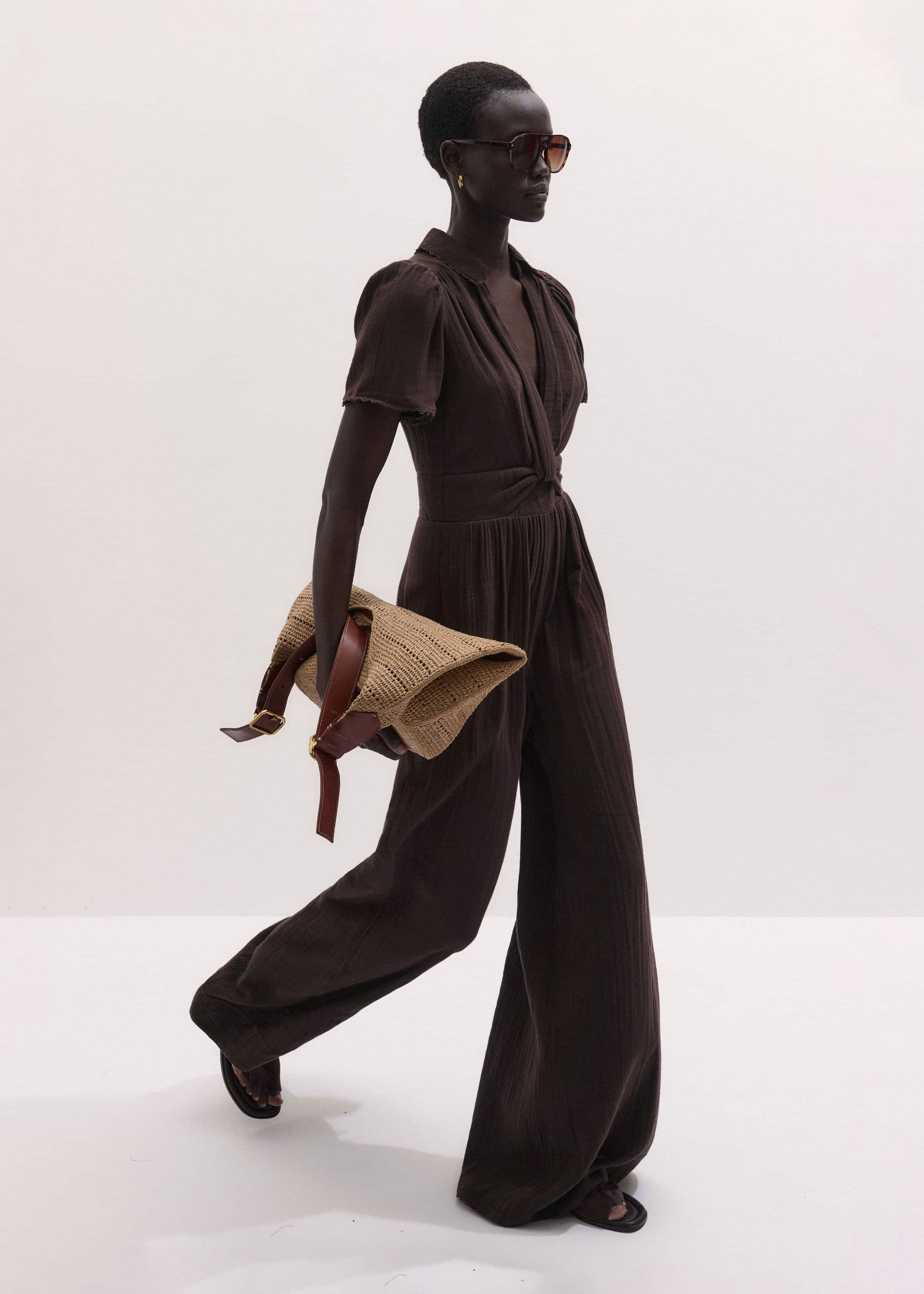 Brown Twisted Front Cheesecloth Jumpsuit