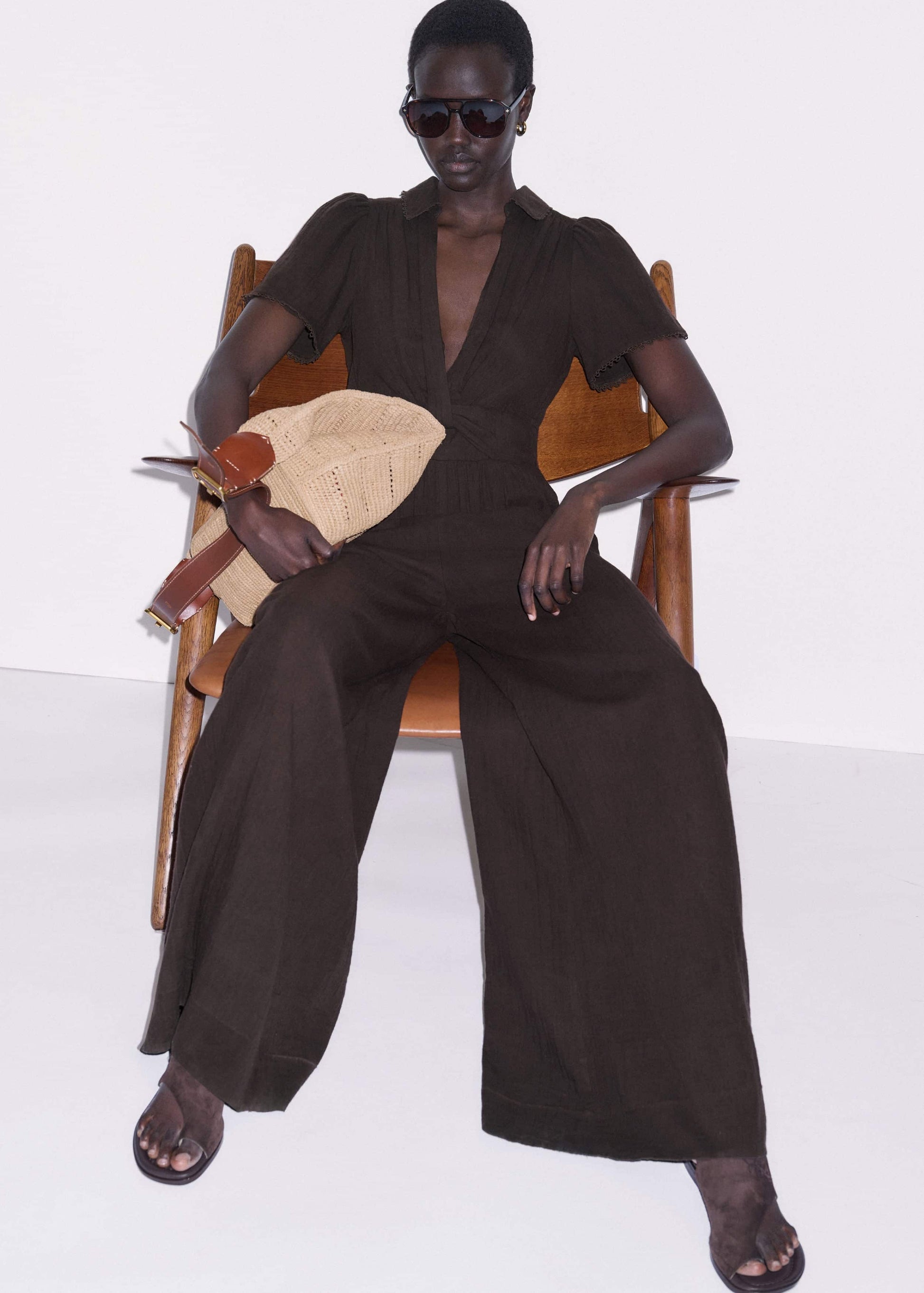 Brown Twisted Front Cheesecloth Jumpsuit