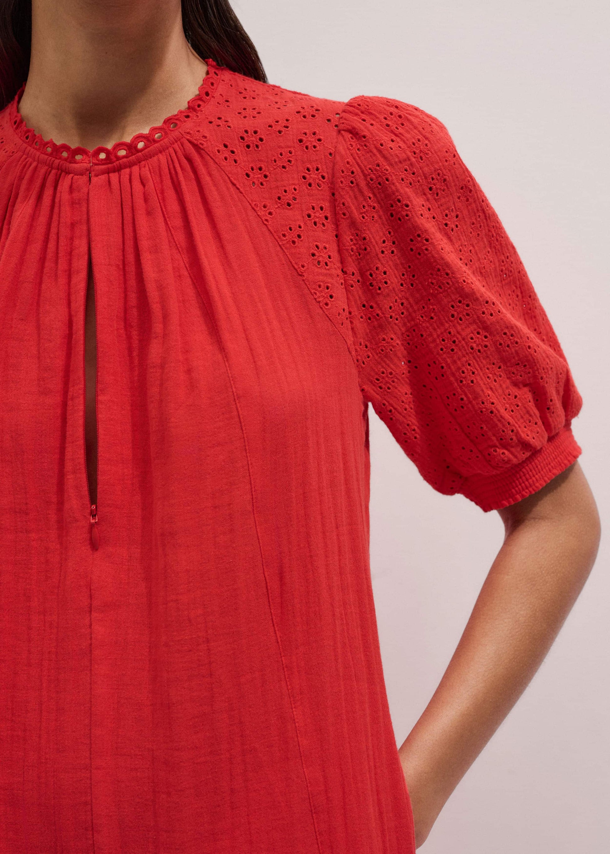Red Embroidered Cheesecloth Short Dress