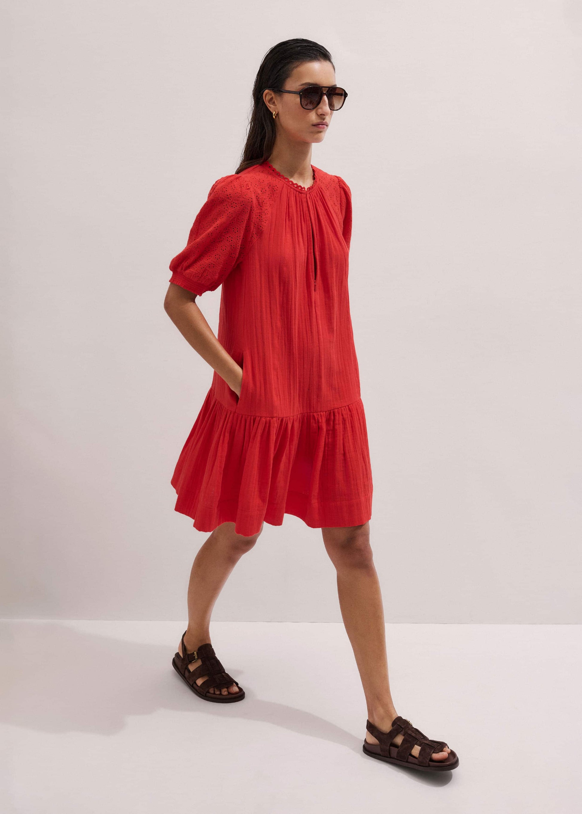 Red Embroidered Cheesecloth Short Dress