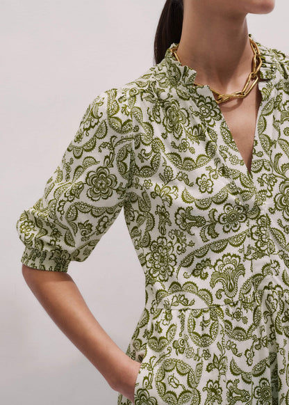 Green Entangled Lace Print Tiered Short Dress