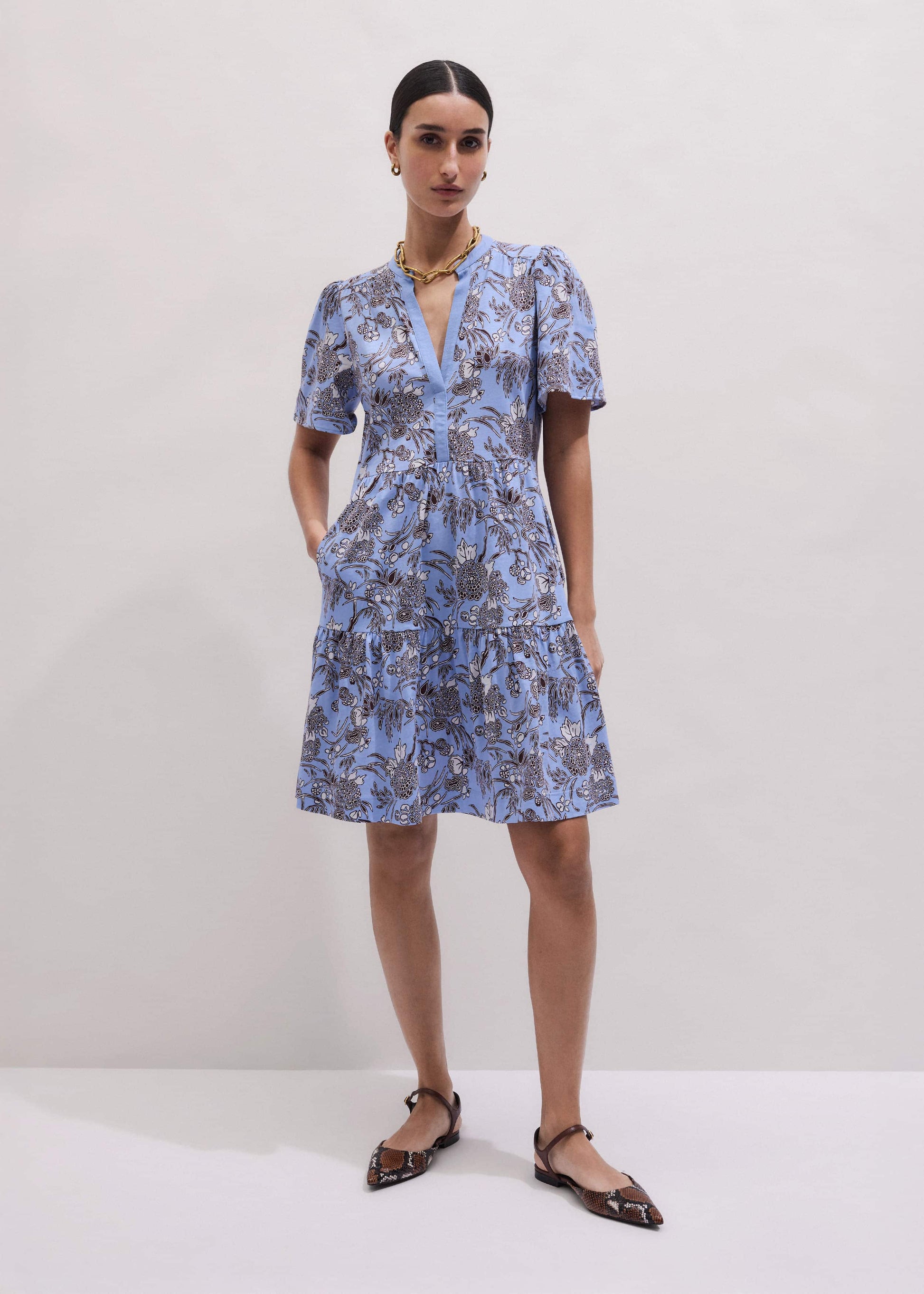 Blue Printed Tiered Short Dress