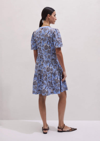 Blue Printed Tiered Short Dress