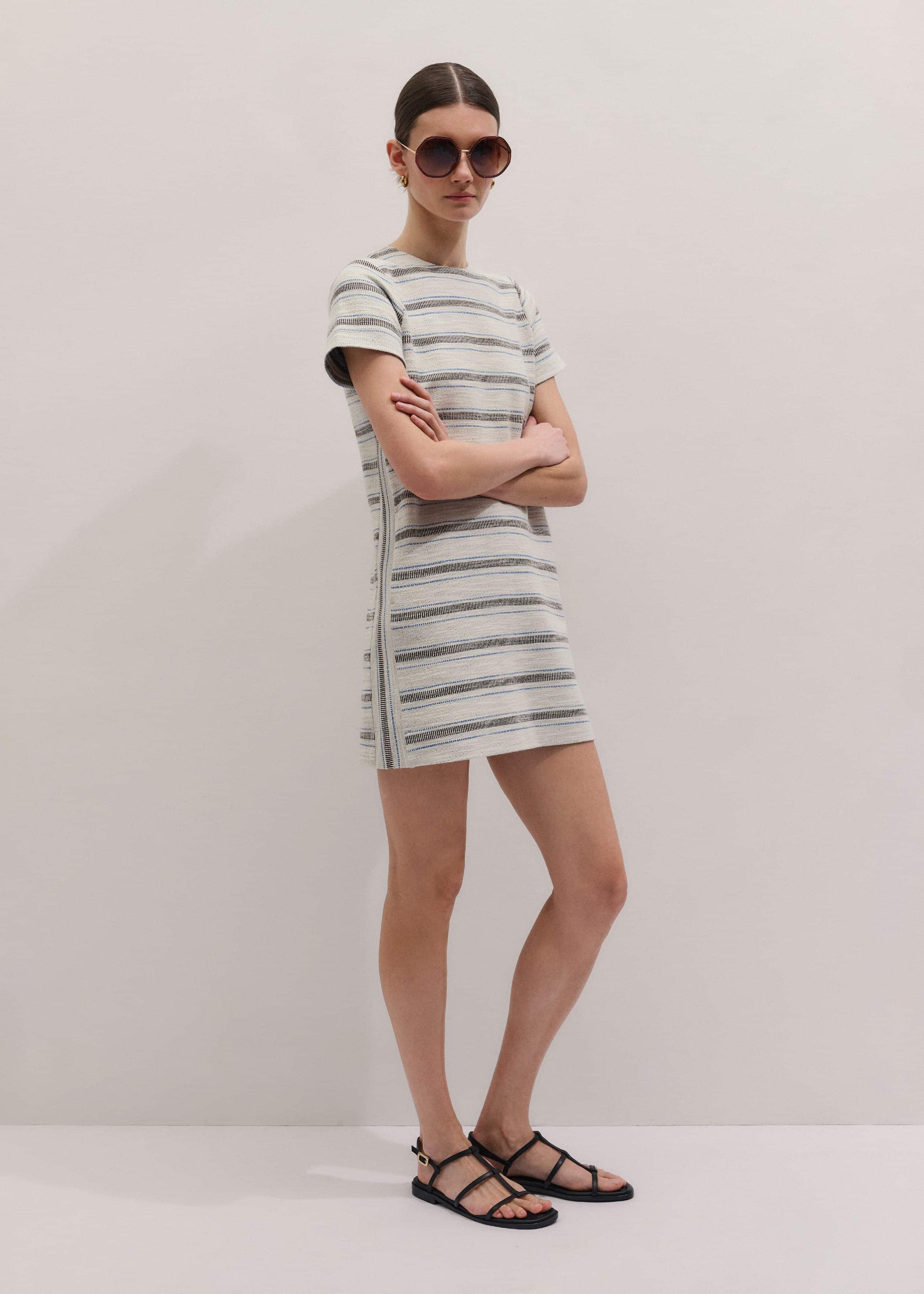 Cream Striped A-Line Mini Dress