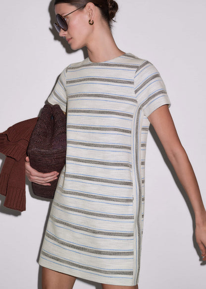 Cream Striped A-Line Mini Dress