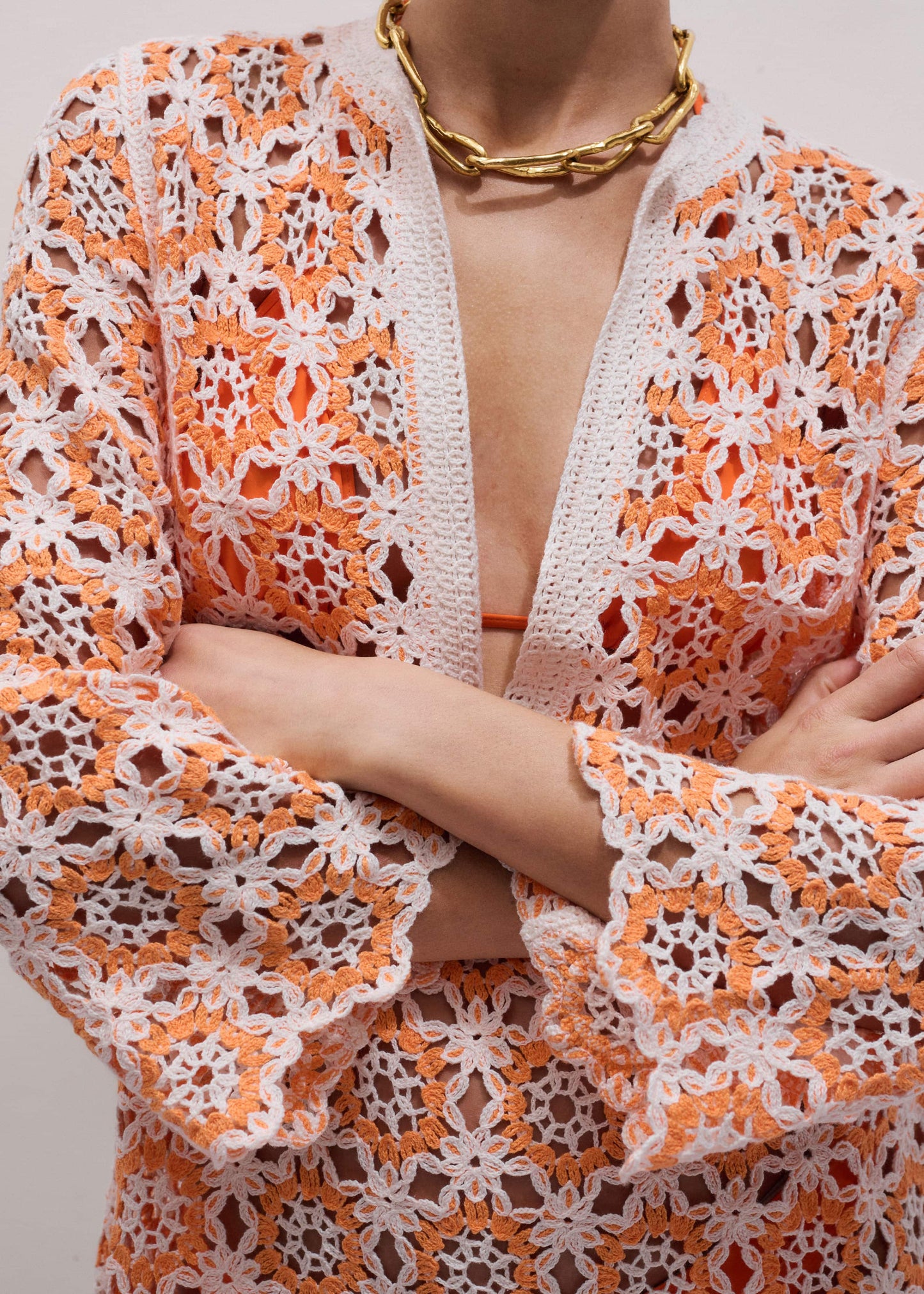 Orange Floral Crochet Mini Beach Dress