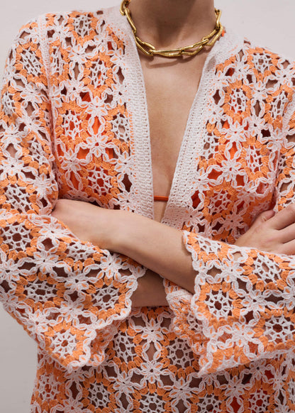 Orange Floral Crochet Mini Beach Dress